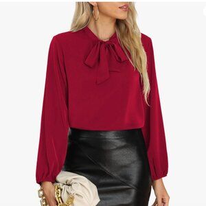Women's Long-Sleeve Tie-Neck Blouse (Office Wear) - Red